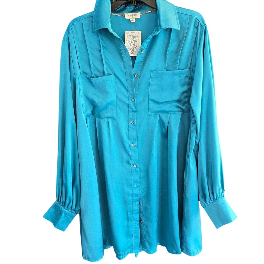 Umgee Teal Satin Button Down Shirt Dress Oversized Boho Chic Small NWT